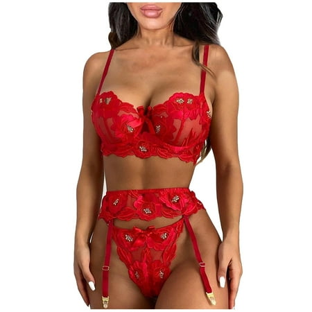 

BIZIZA Sexy Babydoll Lingerie Set for Women Floral Embroidery Bra and Panty Sets Teddy Mesh Lingerie with Garter Red M