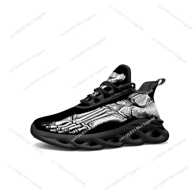 Zapatillas deportivas planas con estampado de esqueleto para hombre y mujer, deportivas de alta calidad con cordones de malla, hechas a medida, color negro.