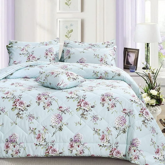 LANPEI Floral Comforter Set King Size 3 Pcs All Season Reversible Down Alternative Duvet Insert Lightweight 100% Cotton Fabric Microfiber Blue Hydrangea Peony Printed Farmhouse Quilt 2 Pillowcases