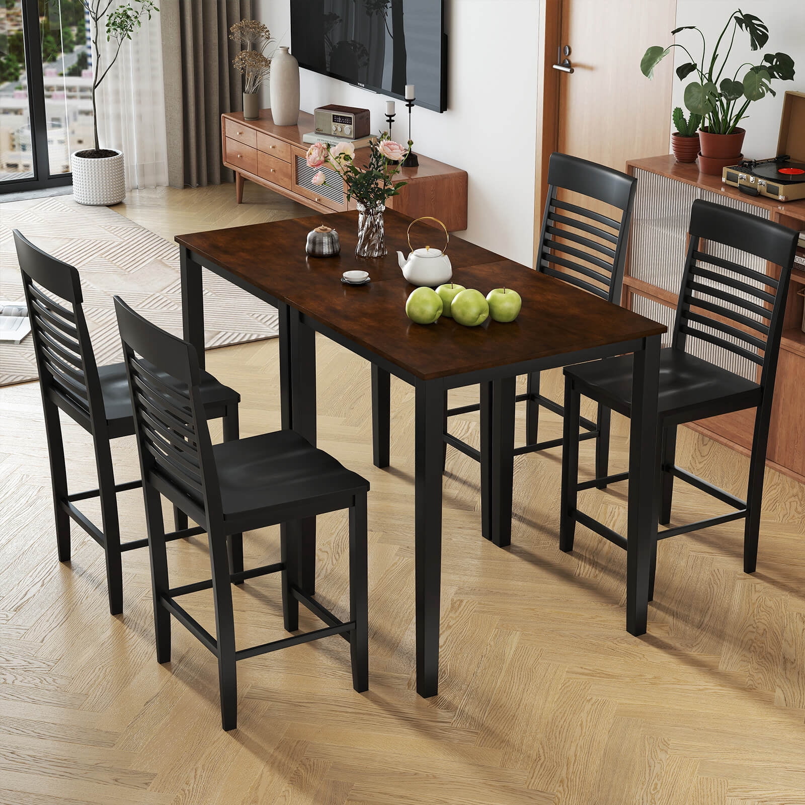 Costway Square Dining Table with Solid Wood Frame Wood Kitchen Table Pub Table for 4-Person Black+Reddish Brown