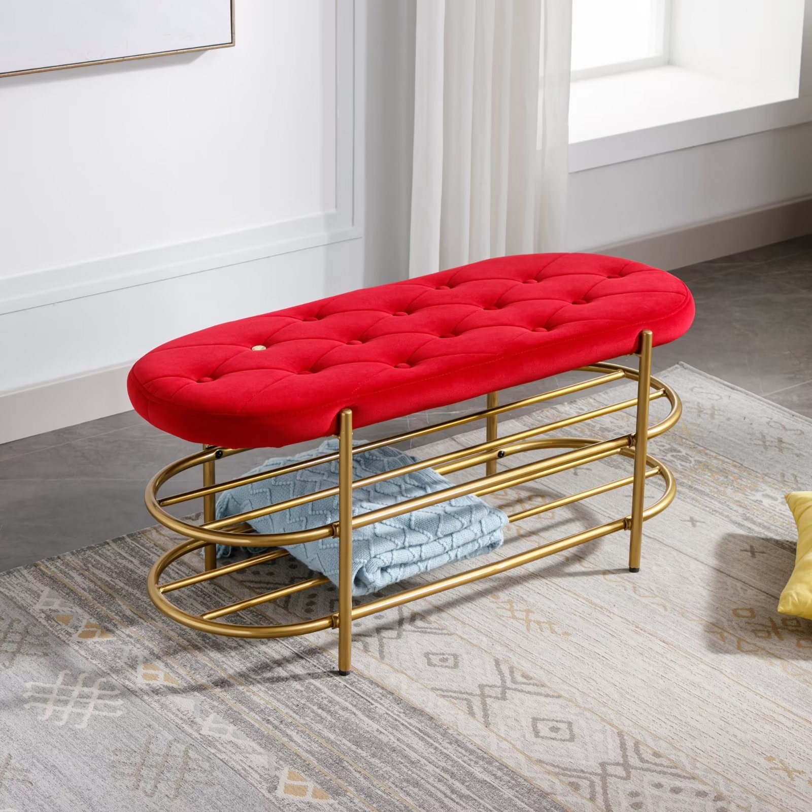 Living Room Bench, Modern Bed End Bench with 2Tier Shoe Shelves and