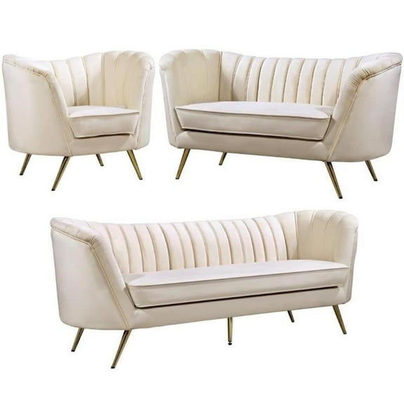 Home Square 3-Piece Set with Accent Chair Loveseat & Sofa in Cream and Gold