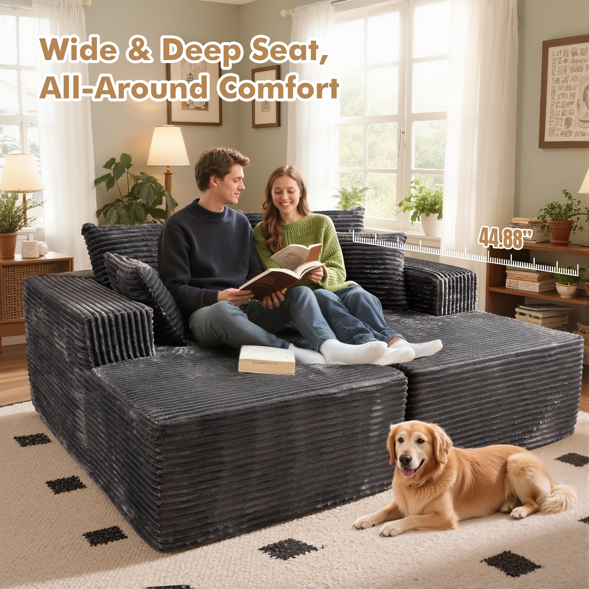 XIZZI Oversized Chaise Lounge Chair Indoor Double, Modular Sectional Sofa with Plush Corduroy, Sleeper Sofa Boneless Couch for Living Room Bedroom, No Assembly Required, Gray