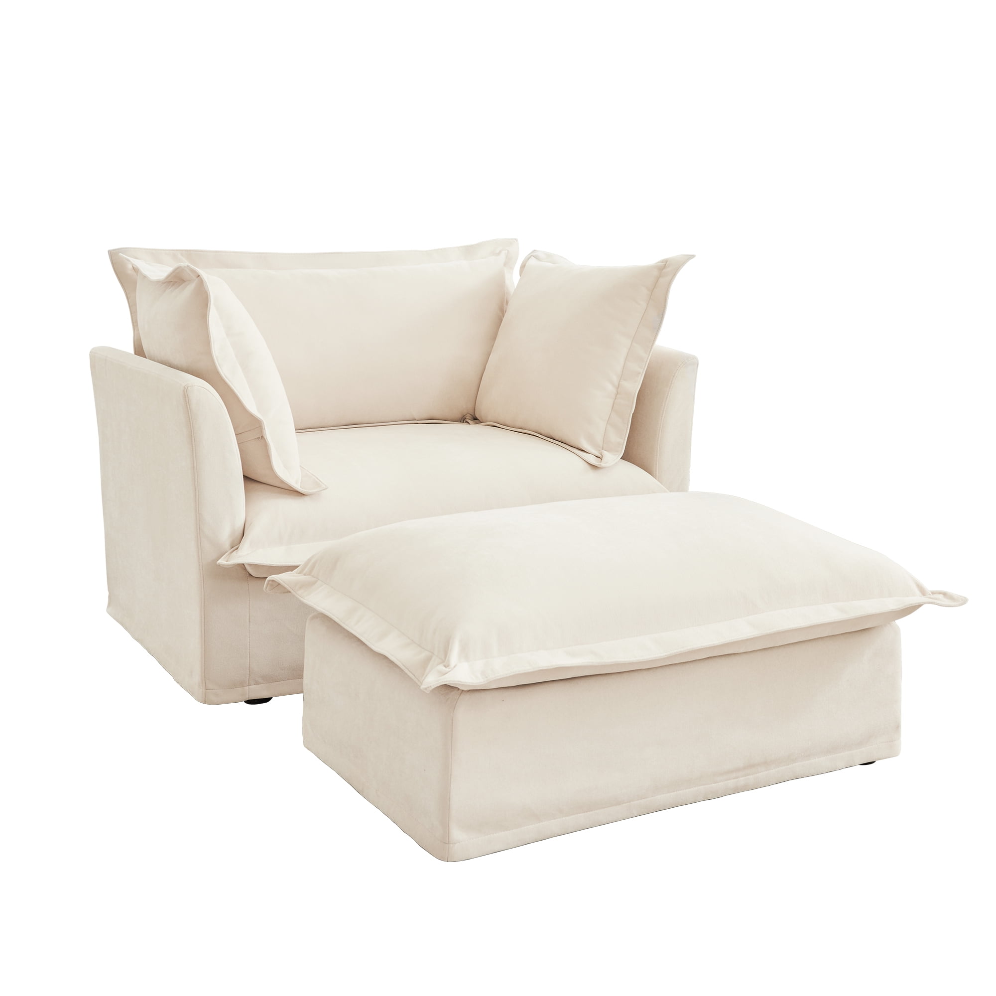 Gewnee Upholstered Slipcovered Chenille Fabric Cream Armchair with Ottoman, Deep Seat Armchair W/ Wide Ottoman for Living Room