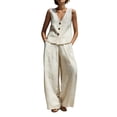 thumbnail image 2 of Womens 2 Piece Linen Set V-Neck Button Vest & High Waist Wide Leg Pants Casual Vacation Outfits White M, 2 of 5