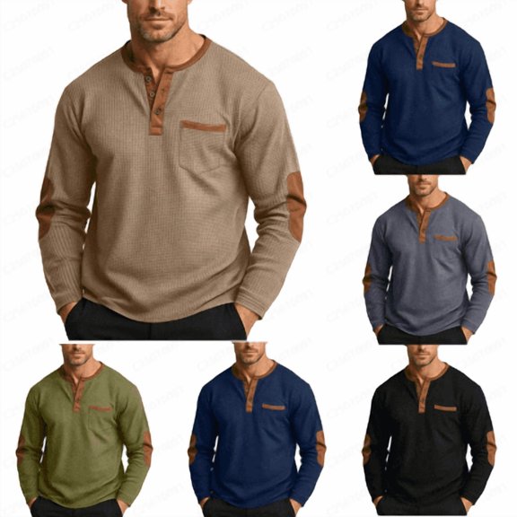 ZyeKqe Long Sleeve Tops for Men Button Front Crewneck Breathable Golf Business Casual Shirts with Pocket