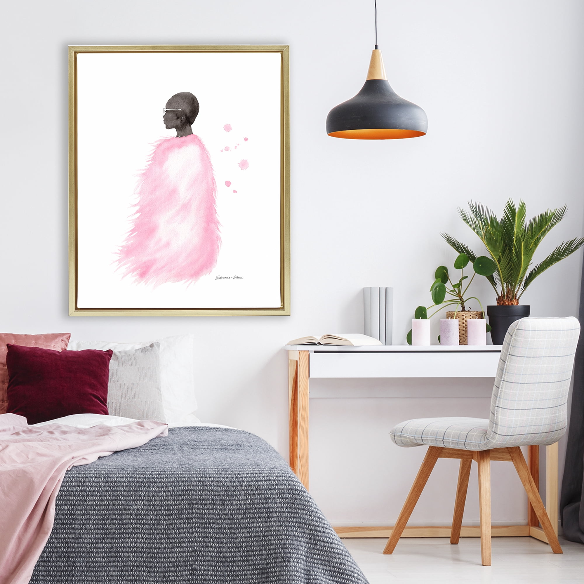 Stupell Industries Pink Fur Coat Portrait Gold Framed Floater Canvas Wall Art, design by Simone Elum