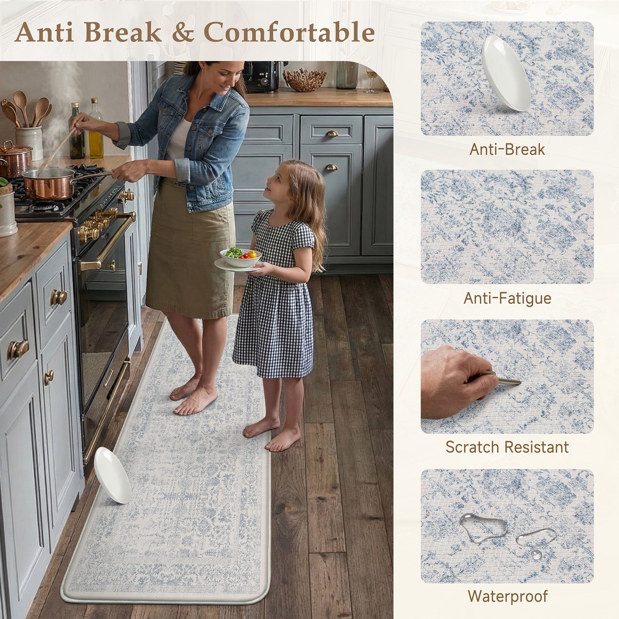 BERTHMEER Kitchen Rugs for Floor 2 Piece, 17.3"x30"+17.3"x47" Anti Fatigue Waterproof Blue Kitchen Mats, Non Slip Comfort Standing Mat Rug for Home, Sink, Laundry, Blue