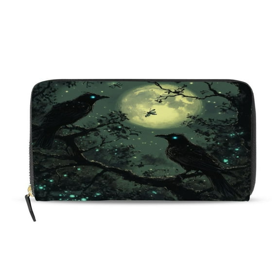 Qxltty Midnight Dark Crow Women's Leather Wallet Fashion Retro Multi Card Holder with Cell Phone Pocket Mothers Day Gifts