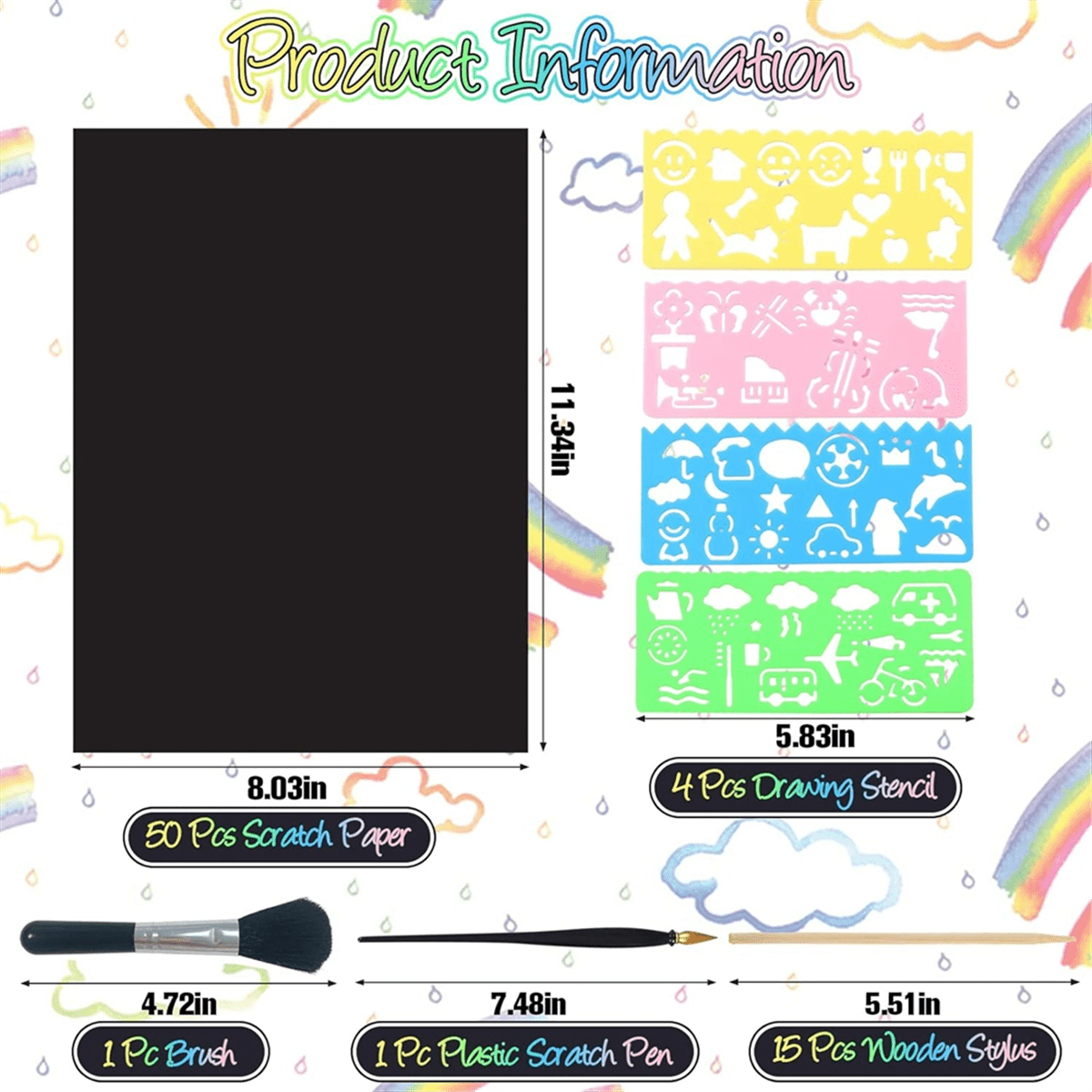 Scratch Paper Art Set,50 Sheets 8x11in Rainbow Coated Scratchboard Large Scratch Paper with Wooden Styluses and Stencils