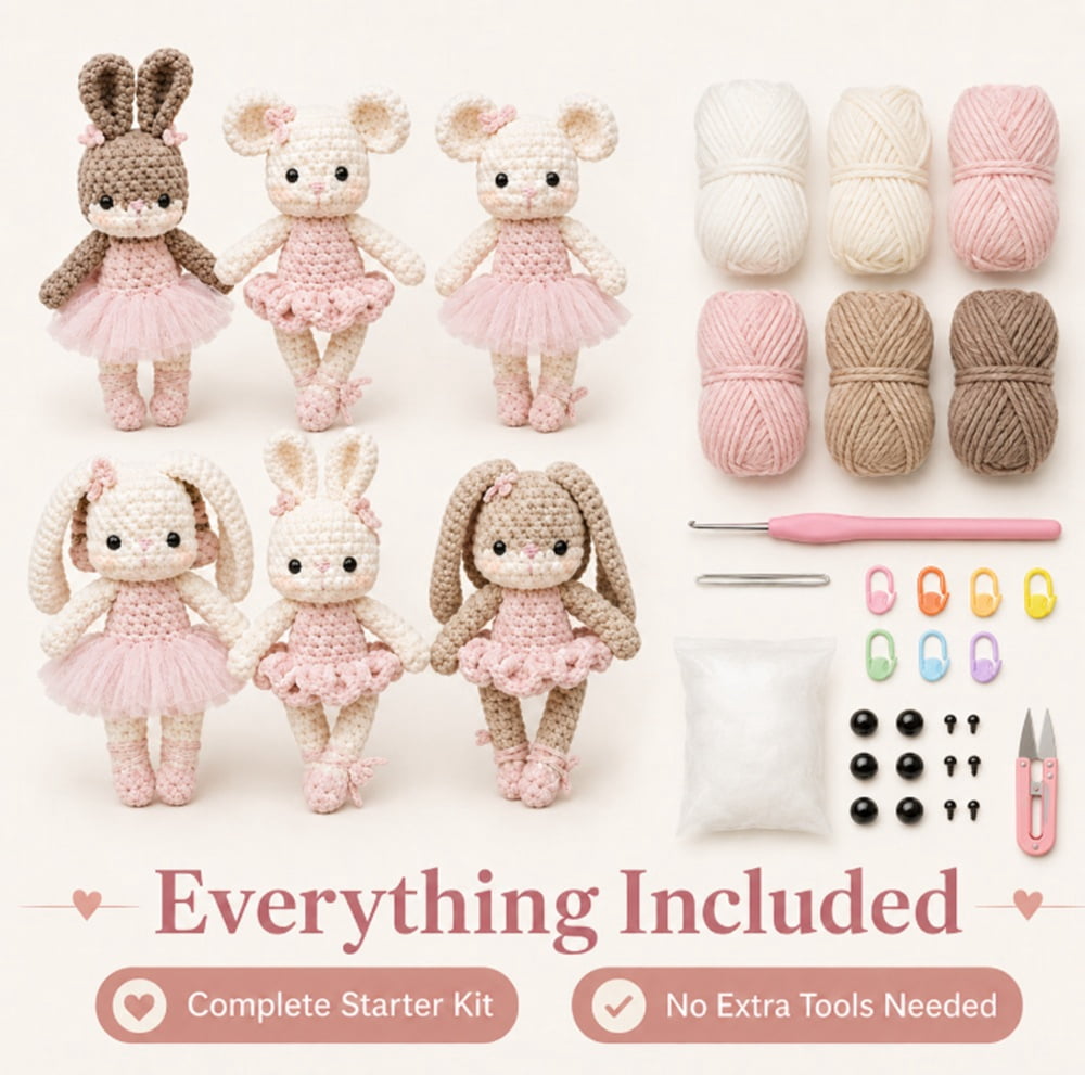 6 Pack Bunny and Bear Crochet Kit for Beginners, Animal Amigurumi Starter Set with Step by Step Video Tutorials, TIKA