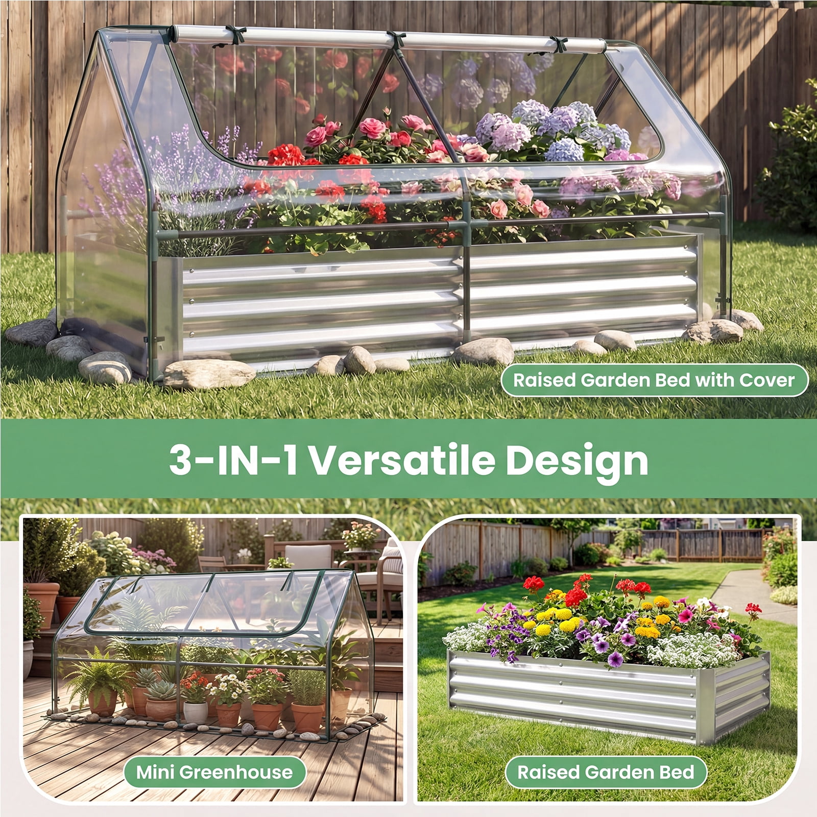 Gymax Galvanized Steel Raised Garden Bed Metal Planter Box Kit w/ Mini Greenhouse Cover