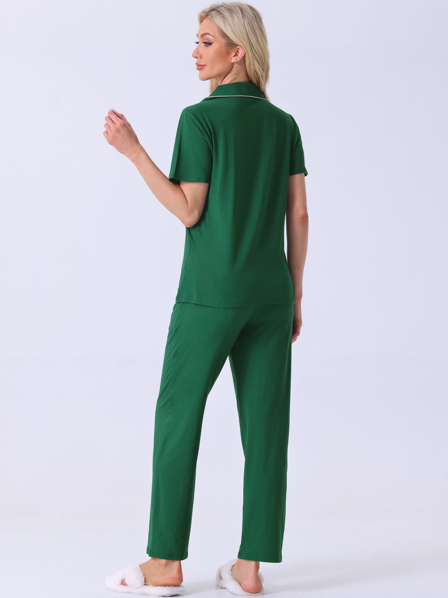 DARING DIVA Women's Pajama Set Button Down Soft Short Sleeve Long Pants XL Green