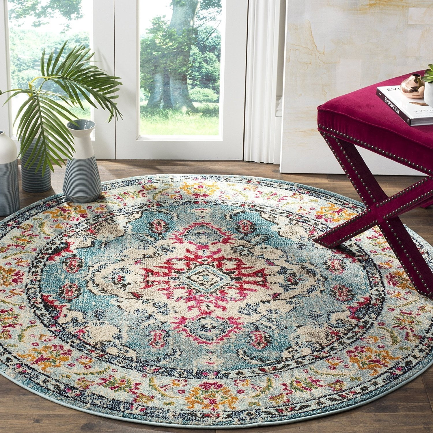 Safavieh Monaco Collection Mnc243j Vintage Bohemian Light Blue And Safavieh Monaco Collection Mnc243j Vintage Bohemian Light Blue And Fuchsia Distressed Round Area Rug 6 7 In Diameter Com