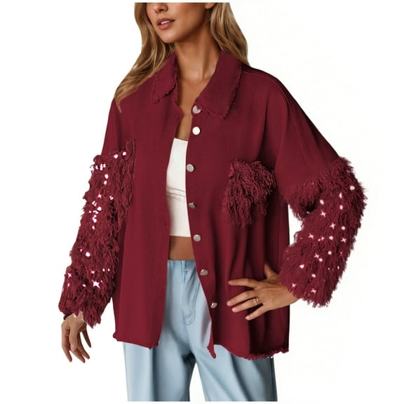 Trendy Denim Jackets for Women with Sequins Tassels Lapel Button Down Ripped Jean Coat Pockets Fall Outerwear (XL, Wine)