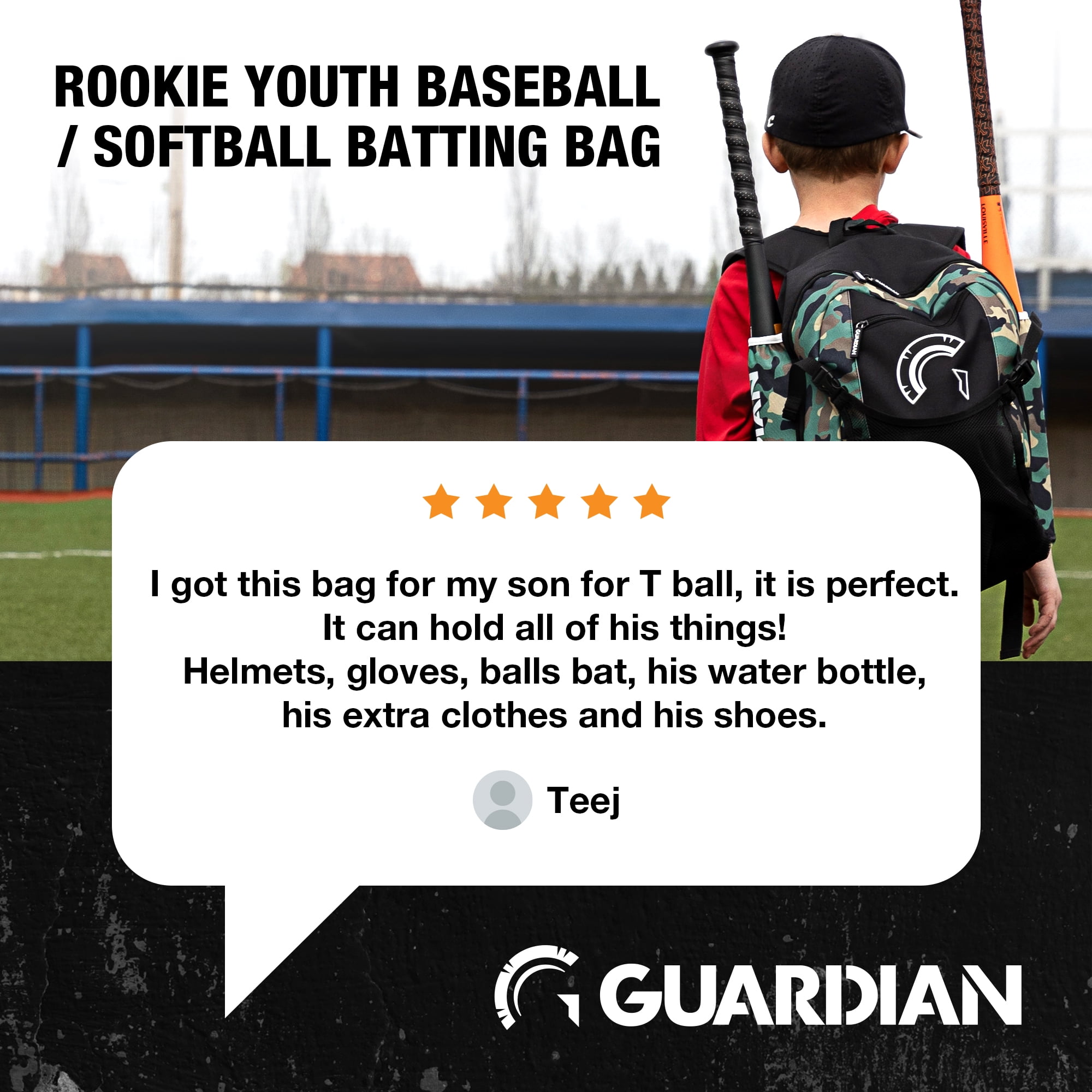 Guardian Baseball Backpack for Youth, Softball Bag for Girls, Durable Bat Bags Baseball Youth Boys and Girls, TBall Bag – Includes Hook to Hang on Fence - Army Camo