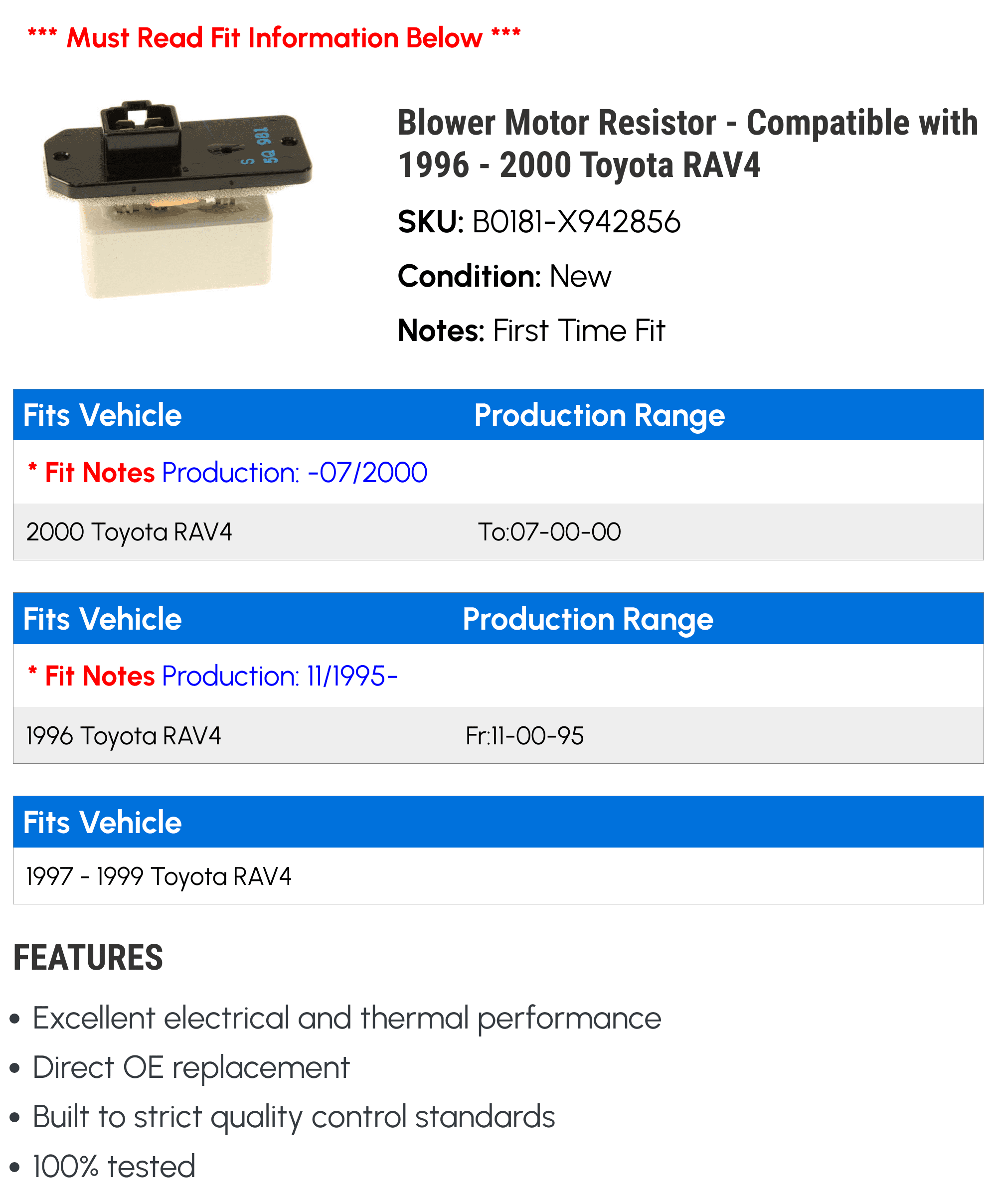Blower Motor Resistor - Compatible with 1996 - 2000 Toyota RAV4 1997 1998 1999