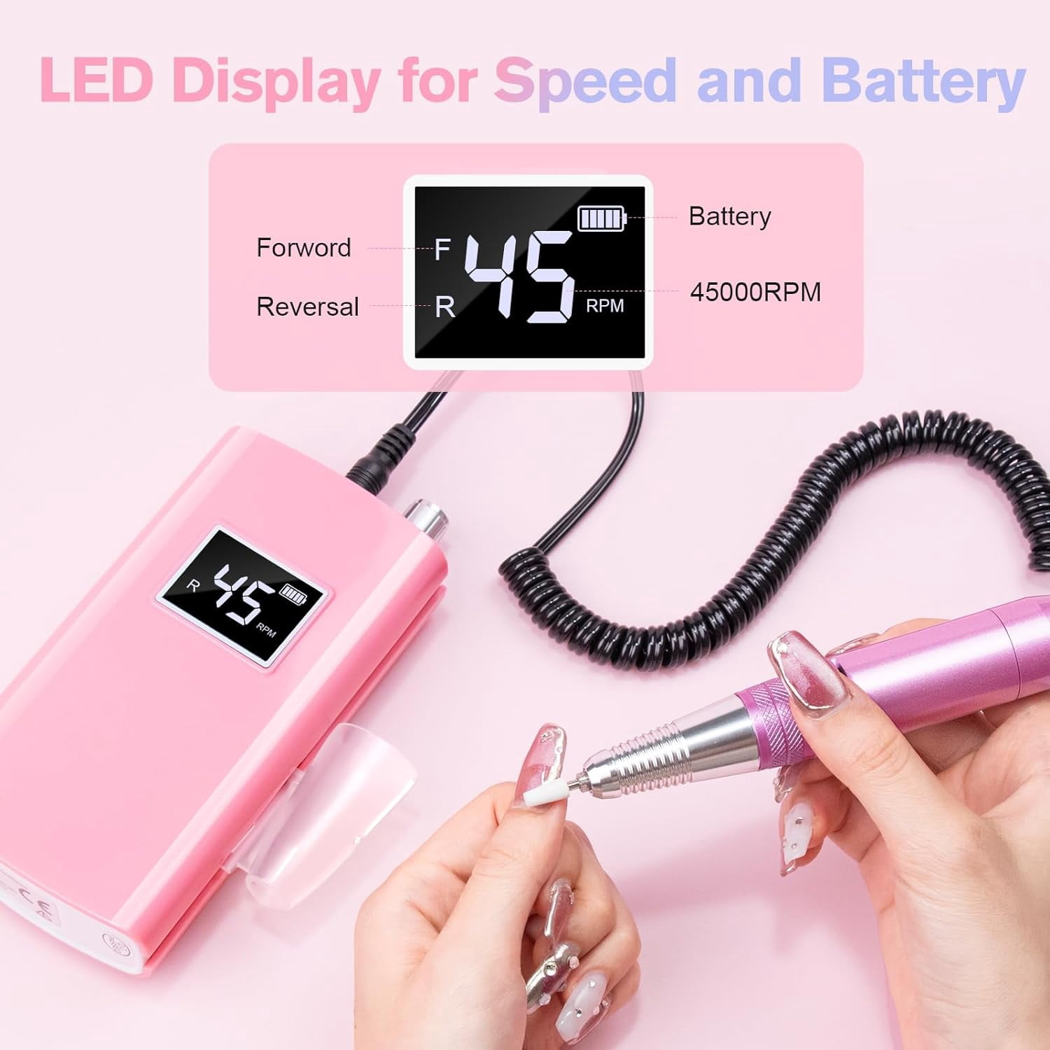 Cordless nail drill 45000RPM portable electric nail file with 11 acrylic and impregnated nail drills with monitor electric nail machine (pink)