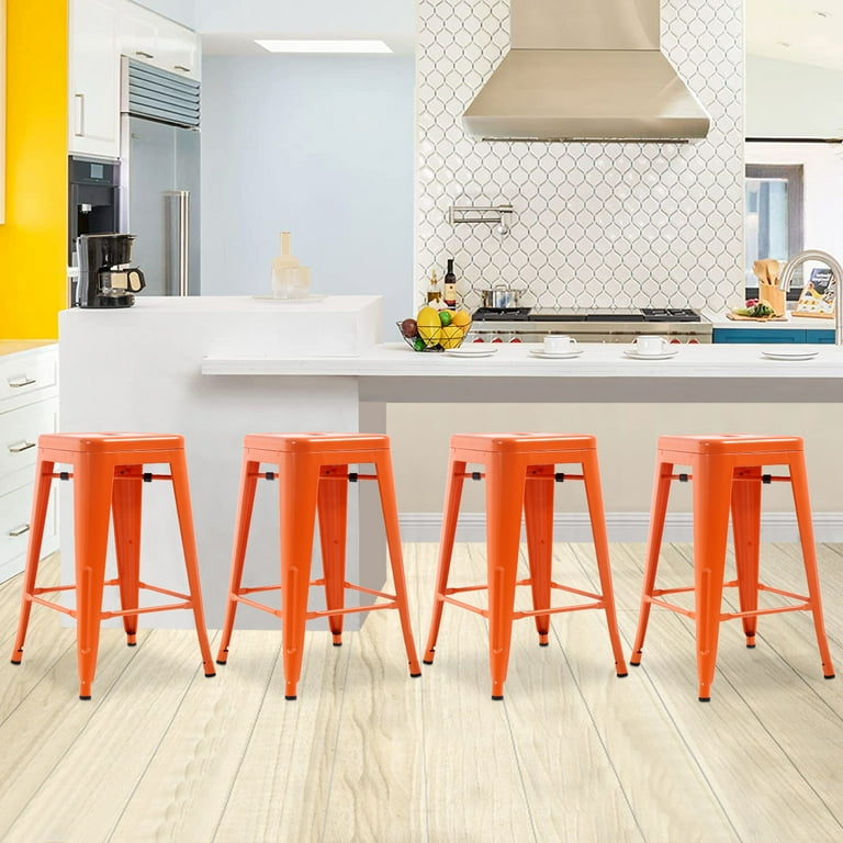Metal Bar Stools Set of 4 Counter Height Stackable Barstools 24 inch Indoor Outdoor Backless Patio Bar Stool Kitchen Dining Stool 330Lbs ORANGE