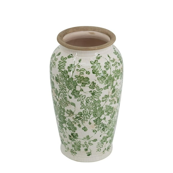 A&B Home White Ceramic Vase with Green Floral Motif 6.5" x 6.5" x 11.6"