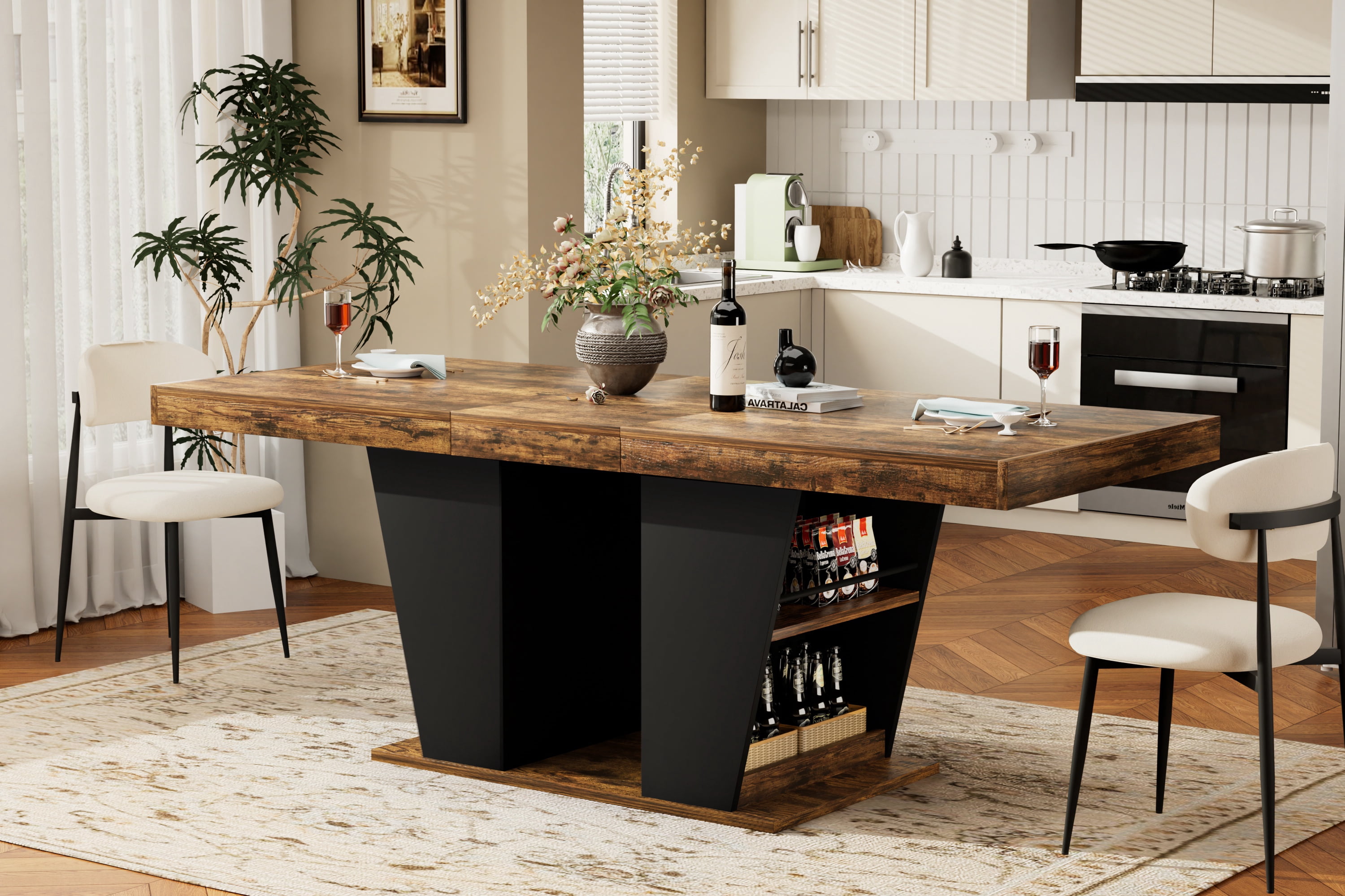 Extendable Dining Table 63-78.7 Inch 500 lbs Capacity Vintage Brown with Storage Shelves for Kitchen Dining Room