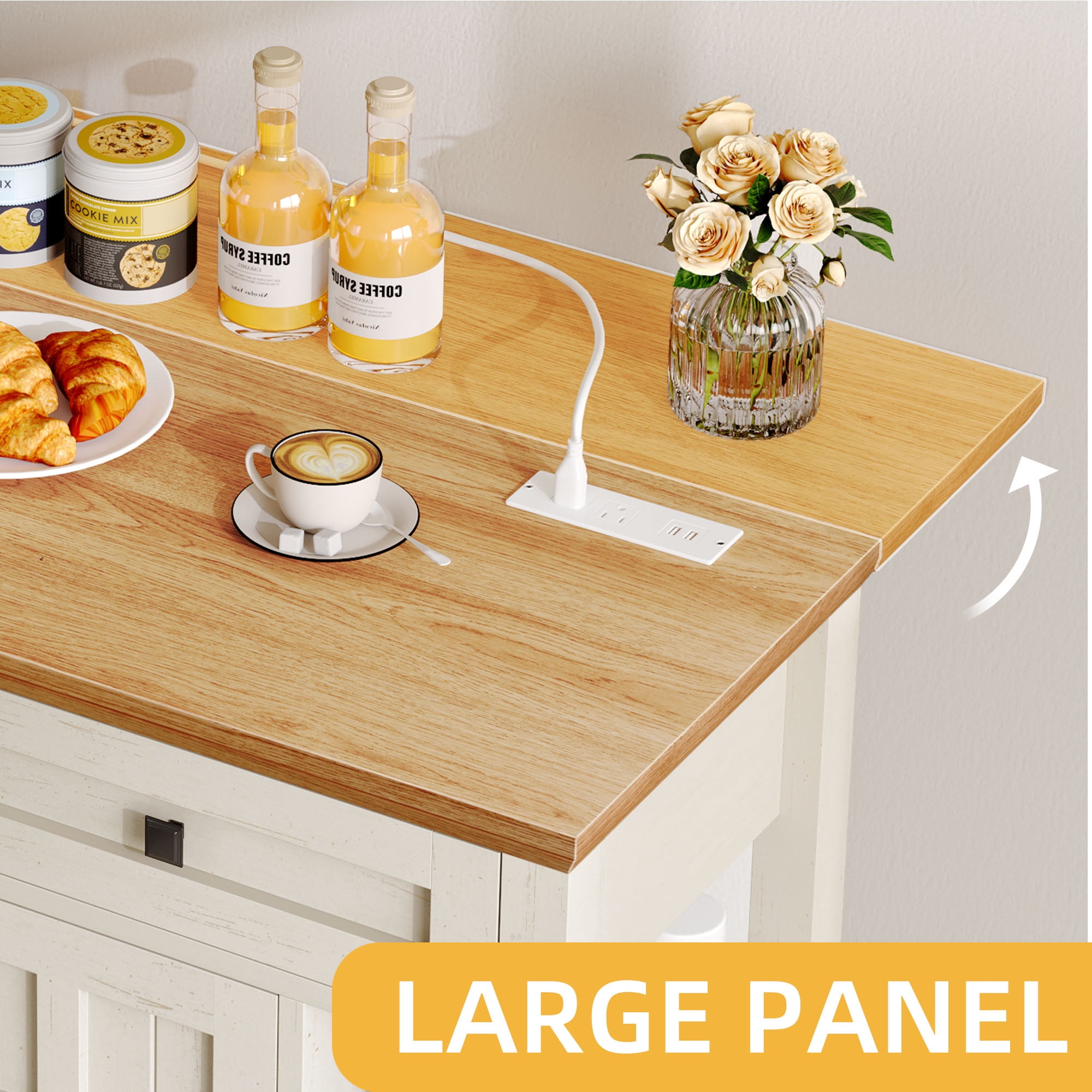 DWVO Kitchen Storage Cart with Power Outlets, Rolling Kitchen Island with Storage Shelves and Drawers, off-White