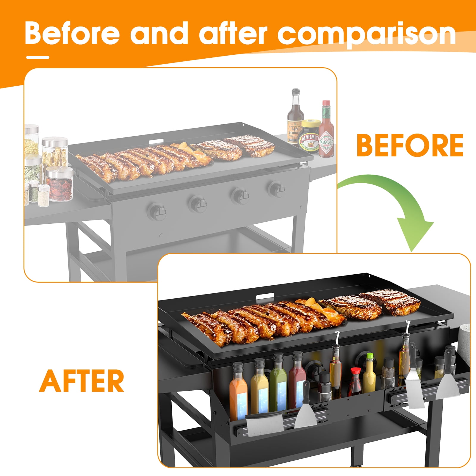 Universal Front Griddle Caddy for Blackstone Griddles from 28" to 36", Front Tool/Bottle Shelf with 2PCS Magnetic Tool Holder & Paper Towel Holder for Blackstone Griddle, Space Saving Storage Caddy