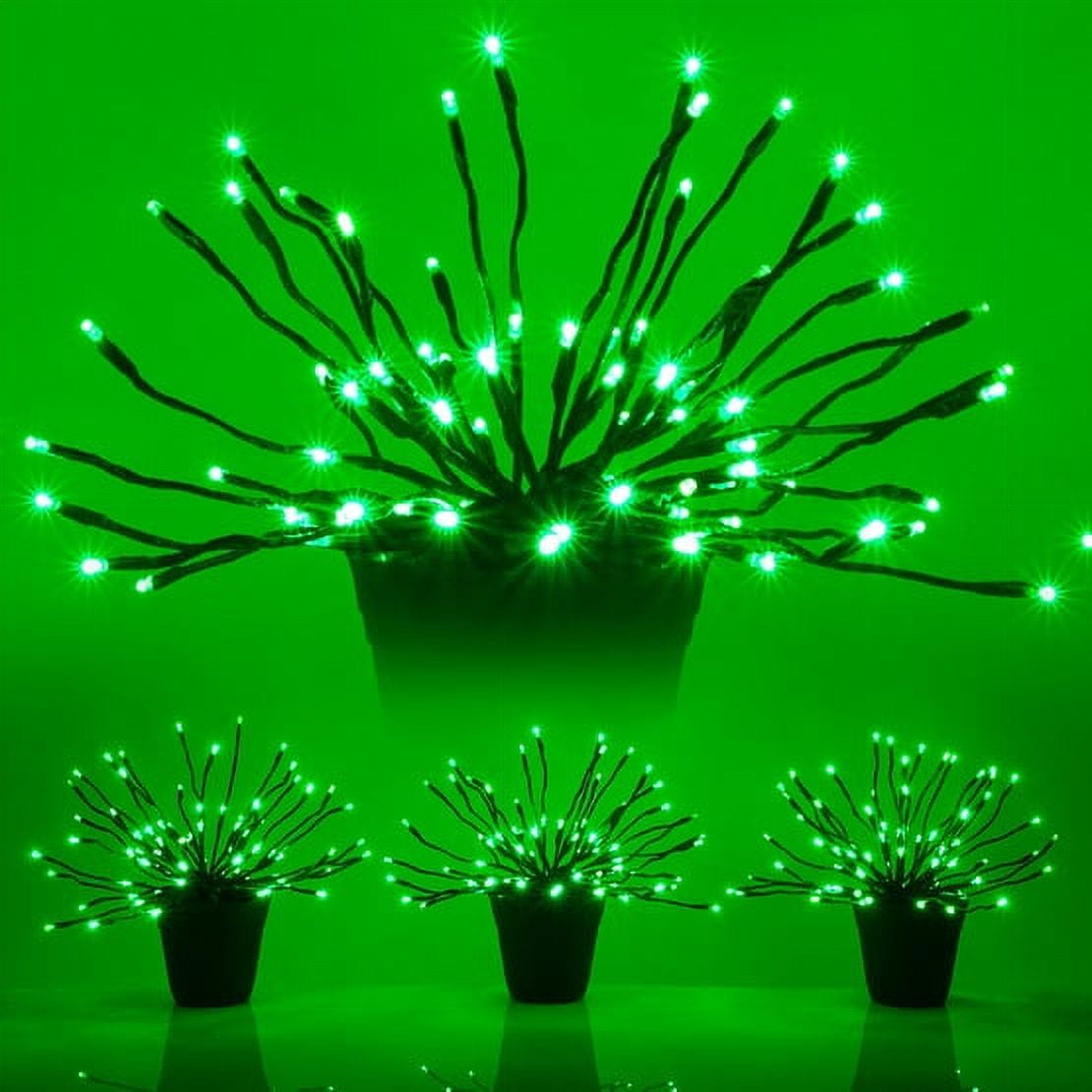 Wintergreen Lighting LED Starburst 5mm Light Balls, Lighted Branches, Halloween Decorations, 15in Green Branches/Green Twinkle Lights, Set of 3