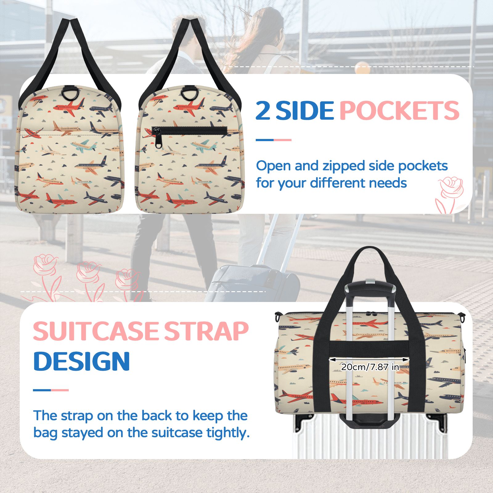 Herdesigns Airplane Travel Duffle Bag Sports Yoga Weekender Overnight Carry on Workout Bags Lightweight Waterproof Gym Tote Bag for Women
