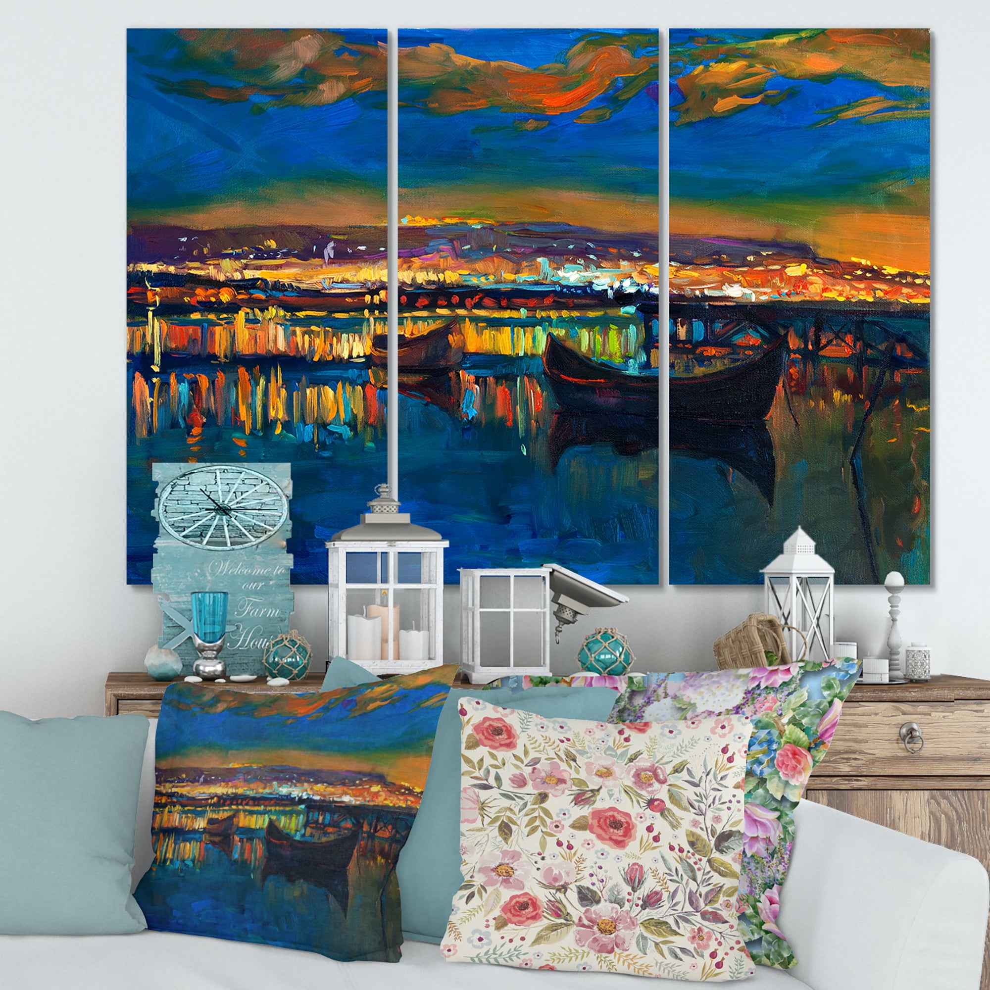 Designart ' Two Little Boats In The VIllage Harbor Ar Night ' Nautical & Coastal Canvas Wall Art Print