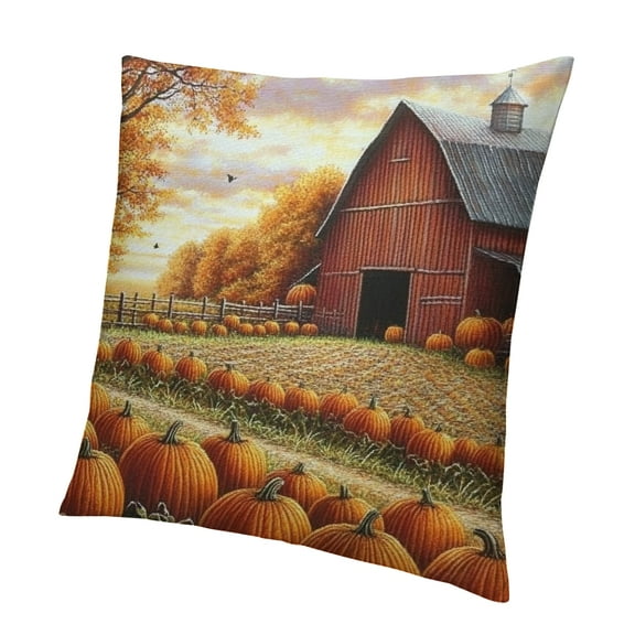 Patifu Throw Pillow Cover Thanksgiving Day Fall Leaves Pumpkins and Red Barn Throw Pillow Case,Home Decor Cushion Covers for Sofa Living Room Couch Bed 12x12in