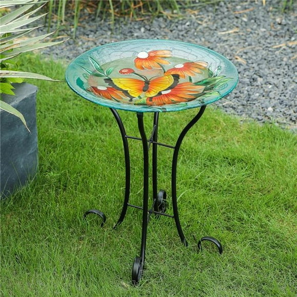 Luxen Home Butterfly and Flowers Glass Bird Bath with Metal Stand