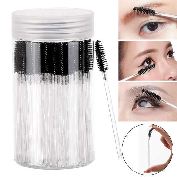 100 Pcs Disposable Mascara Wands, Crystal Eyebrow Spoolies Brush for Eyelash Extensions, Makeup Applicators Kits Eyelash Brush with Container (Black)