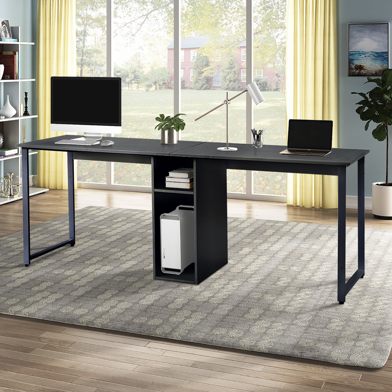 Modern Double Computer Office Desk with Storage Shelf Laptop Gaming Table 