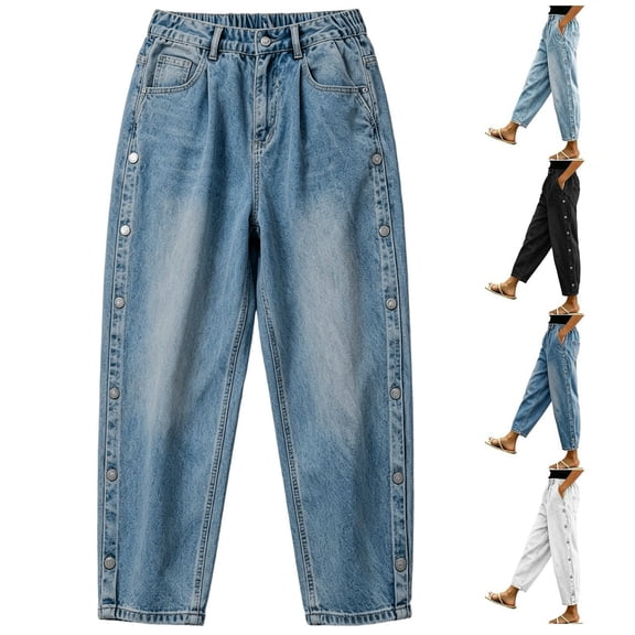 Women's Baggy Jeans Elastic High Waist Loose Tapered Denim Pants Side Button Detail Y2K Trousers with Pockets Vintage Casual Streetwear White