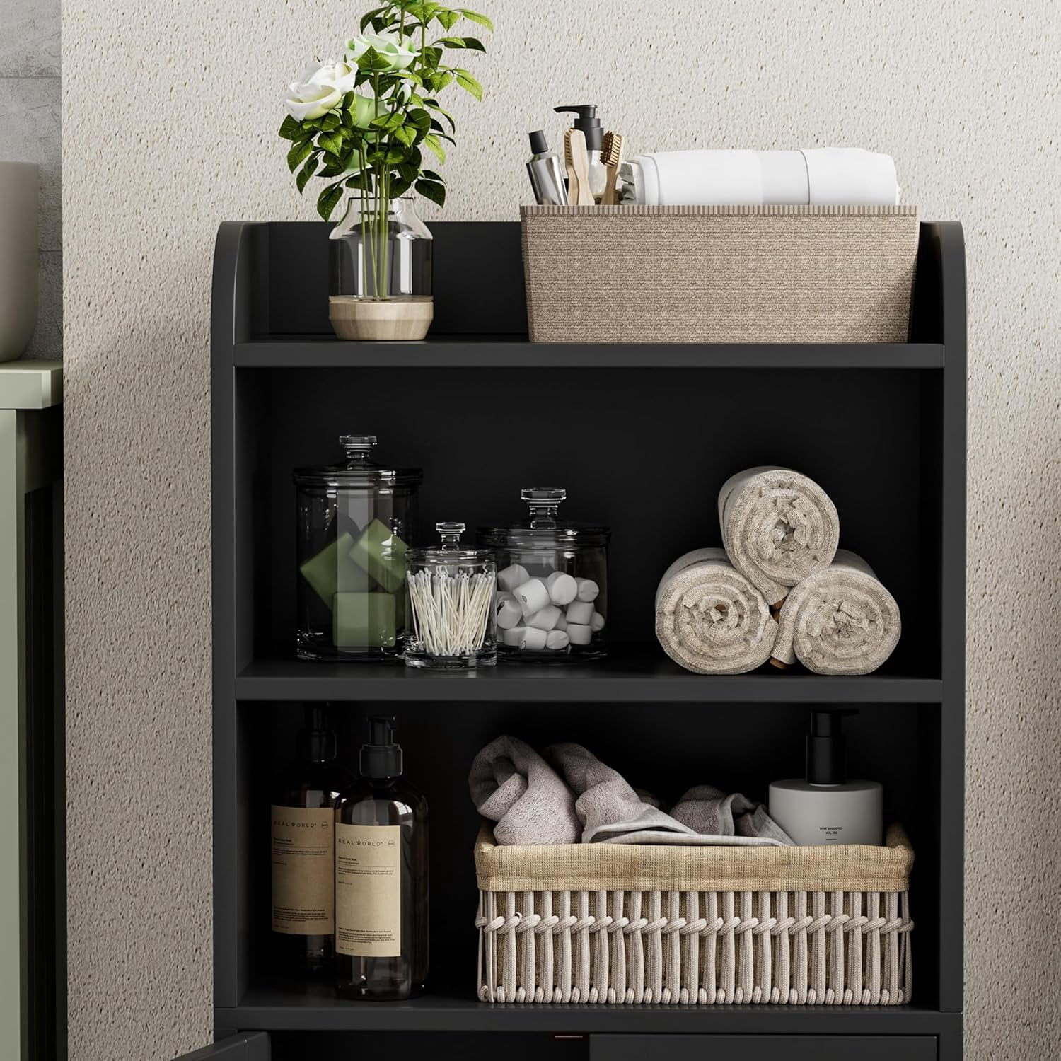 Small Bathroom Storage Cabinet, Freestanding Toilet Paper Storage with 2 Doors and Shelves, Bathroom Organizers and Storage for Small Spaces, Laundry Room, 7.9" D x 14.6" W x 31" H, Black