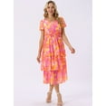 thumbnail image 4 of DARING DIVA Floral V Neck Short Sleeve Ruffle Tiered Midi Dress L Hot Pink, 4 of 7