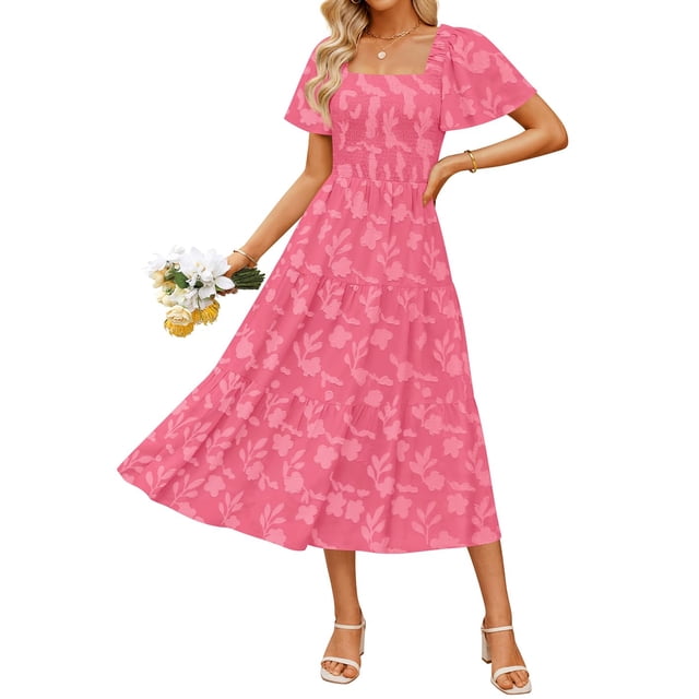 Vestido ZESICA para mujer, bohemio, floral, midi, rosa intenso