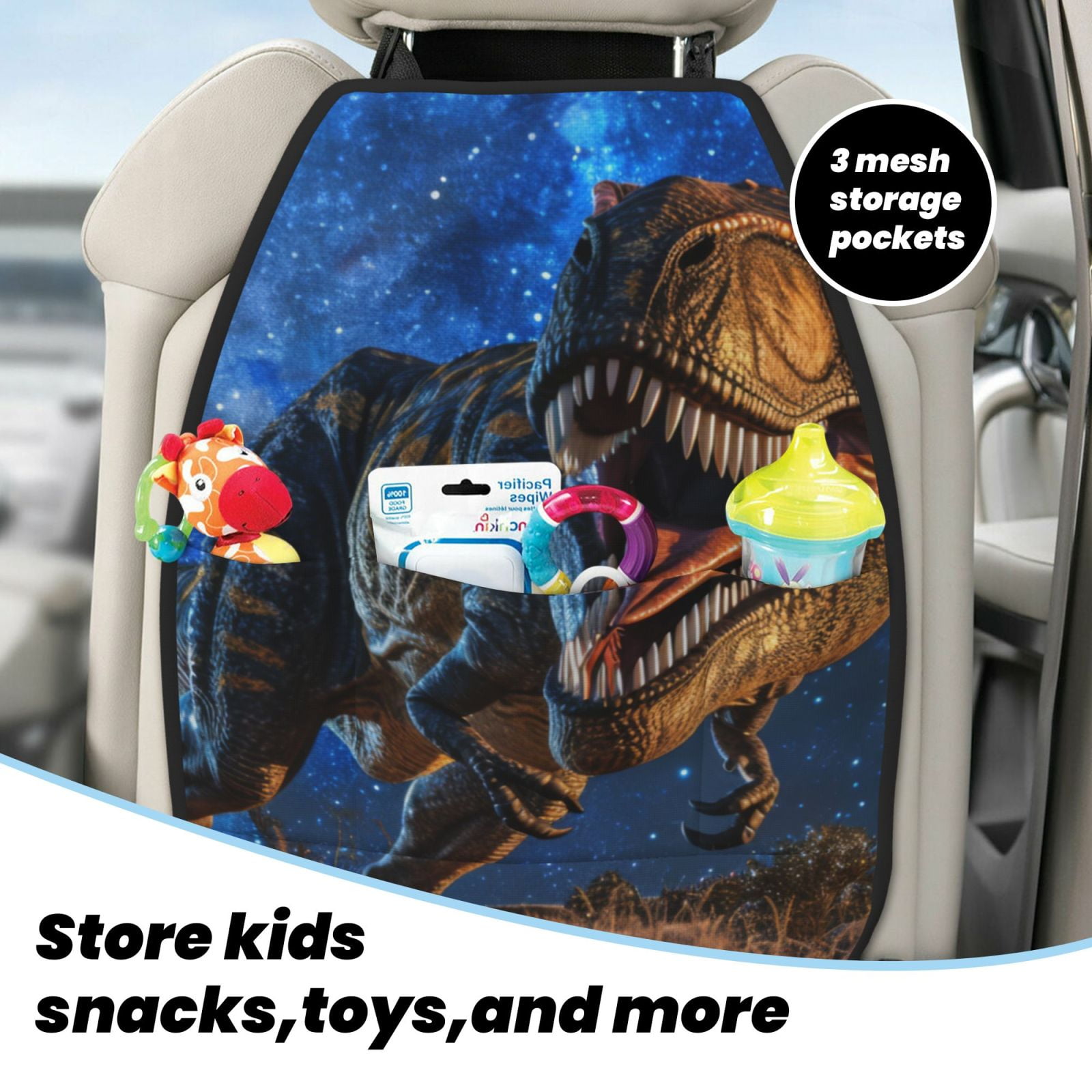 Kdxio Starry Night Charging Dinosaur Print 2 Pack Car Kick Mat Seat Cover Back Protector Mat with Pockets for Organizer Backseat Protector and Storage Anti Kick Pad for Vehicles