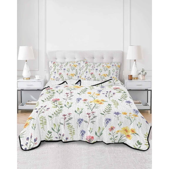 Quilts King Size, Wildflowers Blossom Soft Comforter Bedding Set for Bed, Spring Pastoral Botanical Flowers Rustic Lightweight Quilted Bedspread with Pillow Cover(2 Pieces), 96x106 Inch