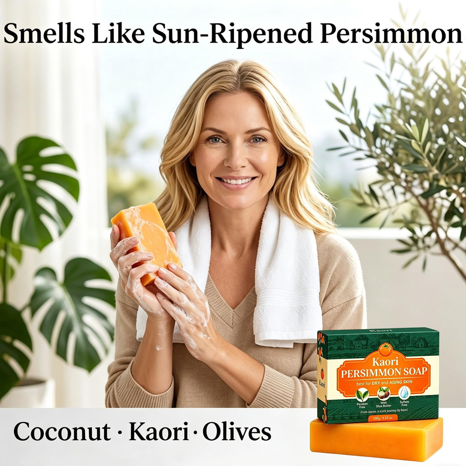 Kaori Japanese Persimmon Soap Handmade Natural Plant Oil Gentle Odor Control Moisturizing Bar for Underarms Feet Men Women