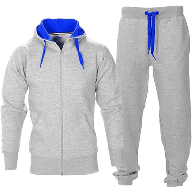 Men Casual Solid Drawstring Zipper Hoodie Tracksuit Long Sleeve Pant Set
