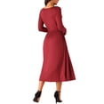 thumbnail image 3 of Vestido midi de manga larga con cuello en V y cintura alta para mujer Inspire Chic con bolsillos en color rojo vino XL, 3 of 5