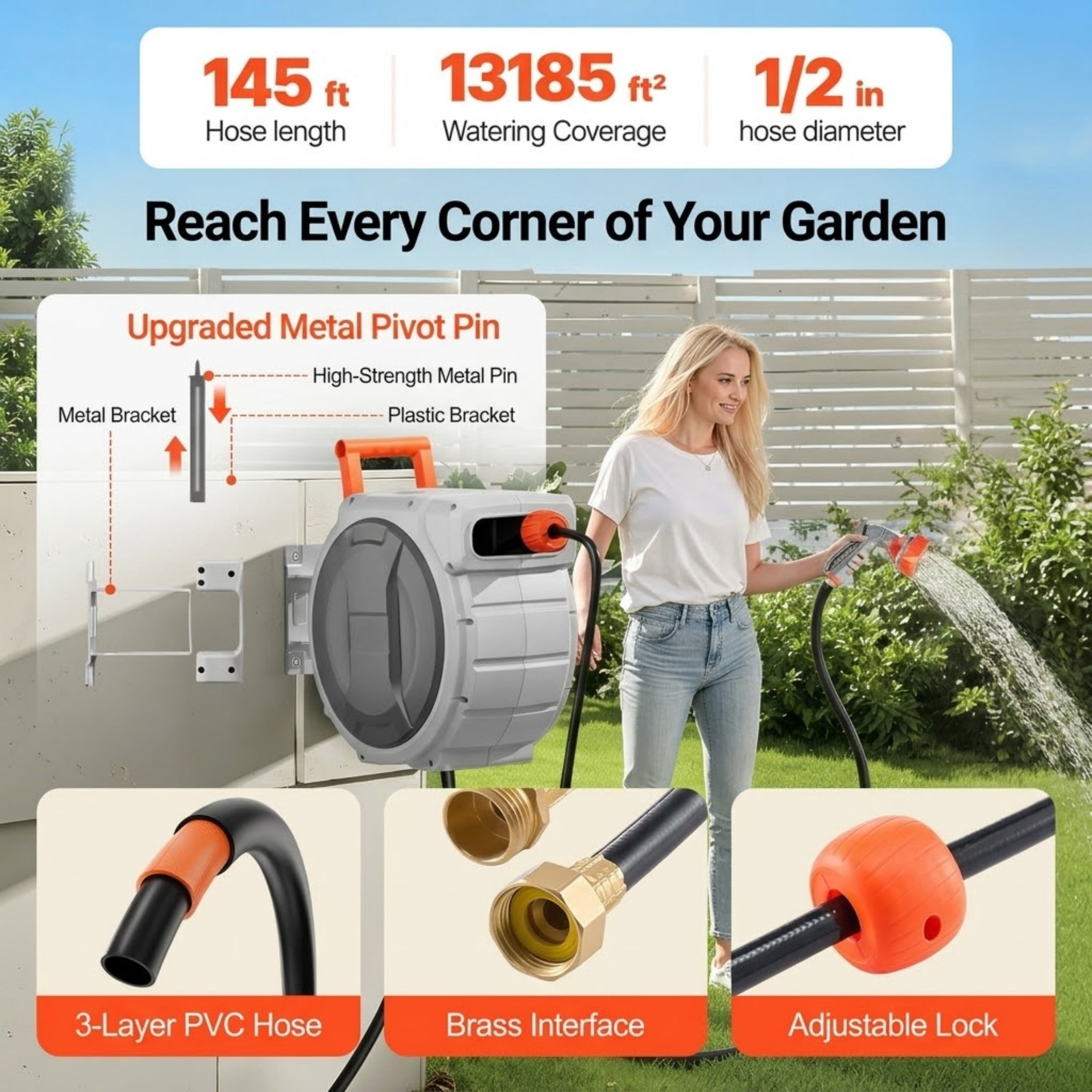 1/2" x 145 ft Retractable Garden Hose Reel, Wall Mounted Heavy Duty Hose Reel with 9-Pattern Nozzle & 180° Swivel