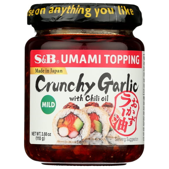 S&B Crunchy Garlic Umami Topping with Chili Oil, 3.88 oz, Contains Sesame, Soybean, Wheat, and Almond.
