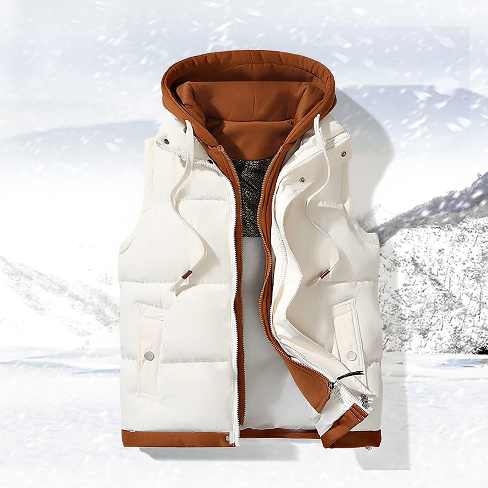 dzxyzu Men's Vest Lined Puffer Hooded Vest Outdoor Quilted Winter Vest Drawstring Waistcoat Sleeveless Hooded Cargo Jacket Padded Vest Sports Waistcoat Coat for Travel Hiking Running - White