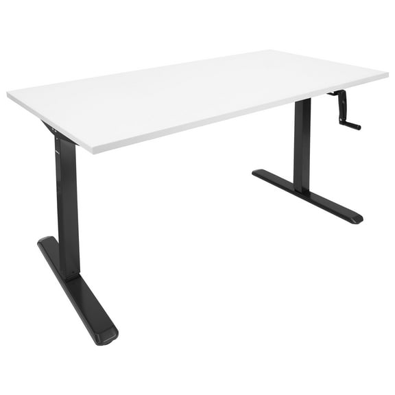 Mount-It! Hand Crank Sit-Stand Black Desk Frame with Extra-Wide White Tabletop