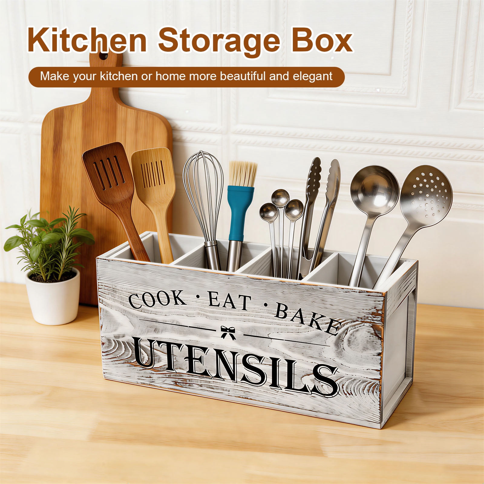 Ihvewuo Wooden Utensil Holder Sturdy Kitchen Cooking Utensil Organizer with 4 Detachable Compartment Utensil Crock Holder for Kitchen Countertop Farmhouse Kitchen Decor Black