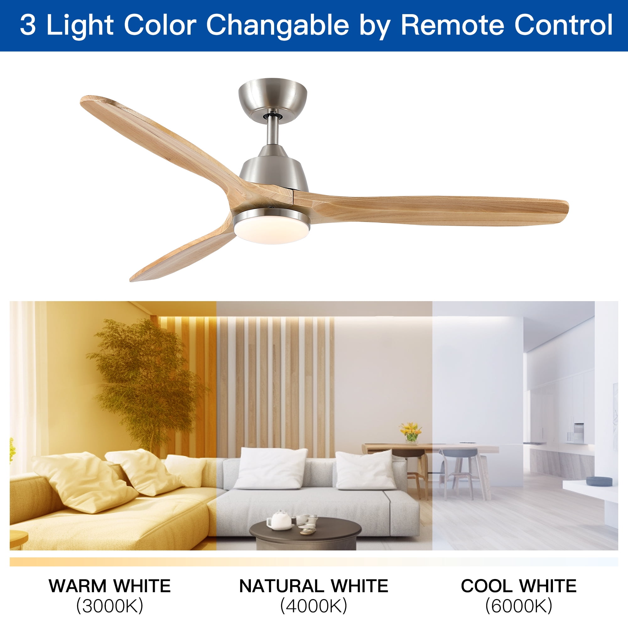 Leumius 52" Ceiling Fan with Light and Remote with Quiet DC Motor, Reversible Blades, Dimmable 3CCT LED Light for Living Room Bedroom Brushed Nickel