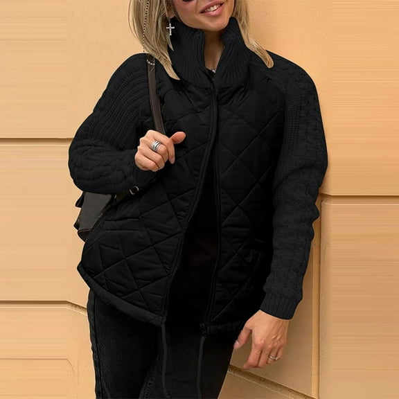 Qetyuw Womens Quilted Puffer Jacket Patchwork Long Sleeve Casual Down Coat Plus Size Stand Collar Zipper Coats Outwear